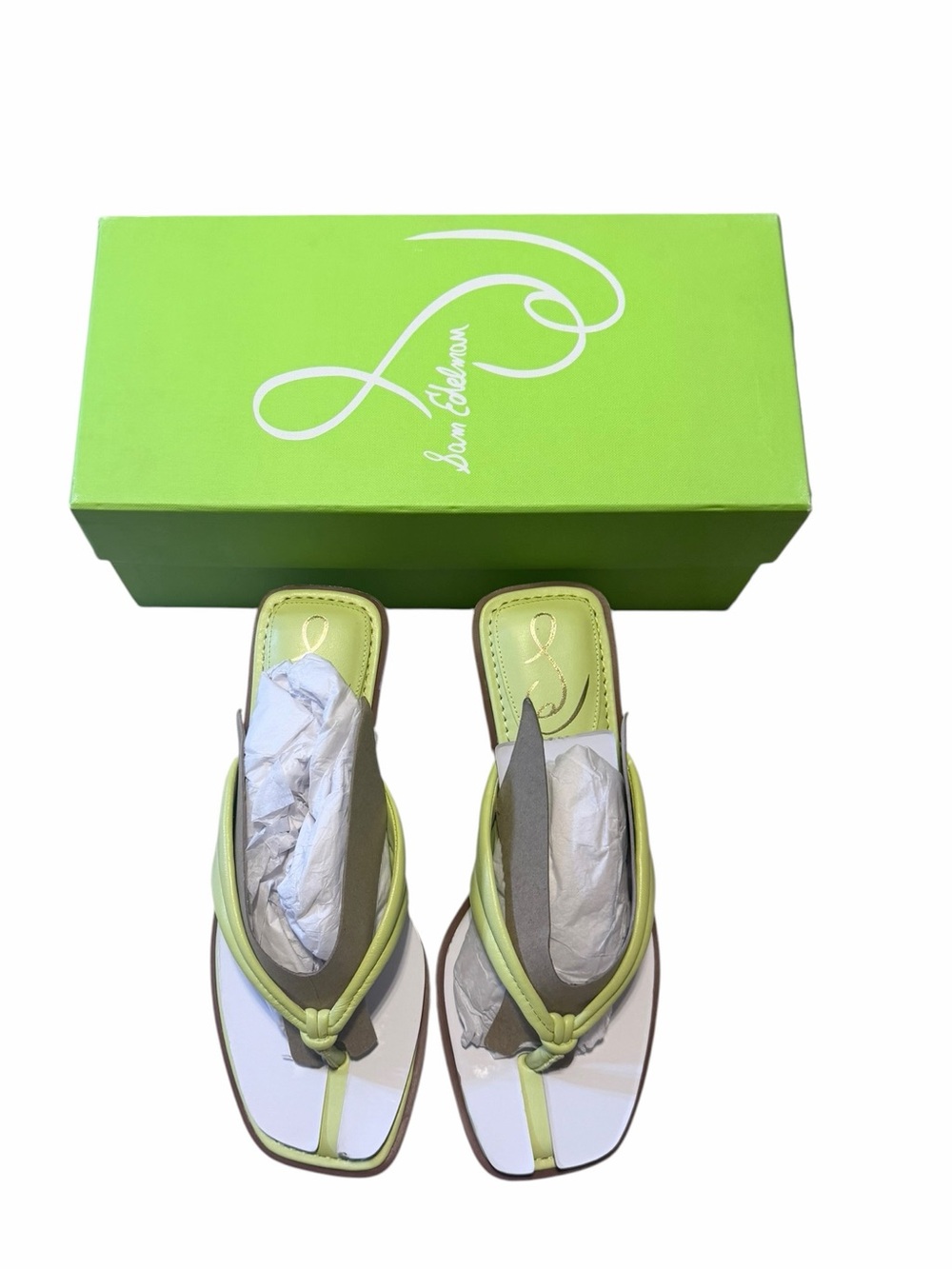 🌟🌼 NIB SAM EDELMAN DAPHNEY KIWI LEATHER Lime Green Thong Kitten Heel Sandals - Picture 7 of 9